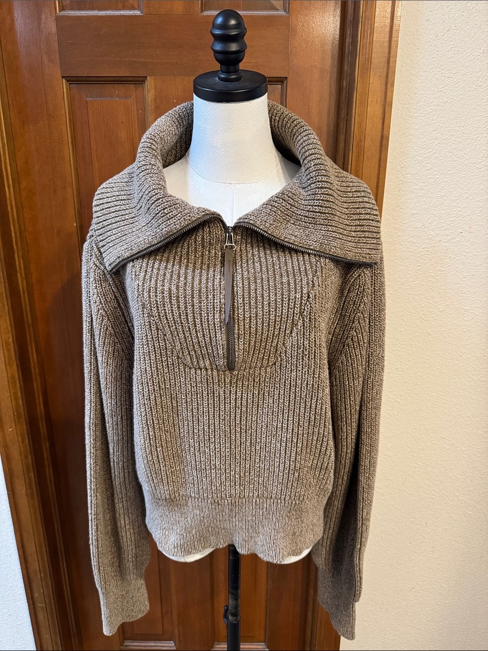 Varley Brown & White Ribbed Half-Zip Cowl Sweater Size XL